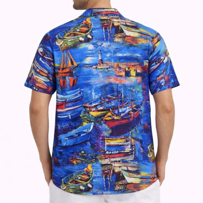 Erkek Marin Desenli Kısa Kol Gömlek Yazlık Rahat Kalıp Dijital Baskılı - Desenli