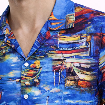 Erkek Marin Desenli Kısa Kol Gömlek Yazlık Rahat Kalıp Dijital Baskılı - Desenli