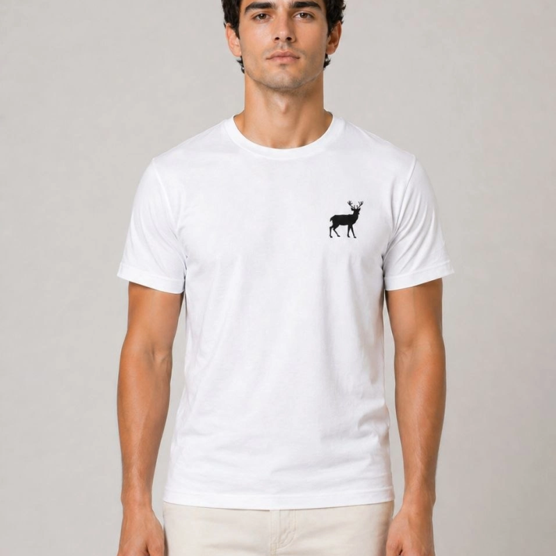 Erkek Minimal Geyik Logolu Tişört Bisiklet Yaka Kısa kol Yazlık T-Shirt - Beyaz