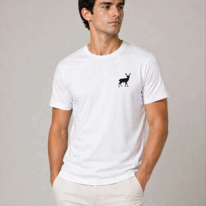 Erkek Minimal Geyik Logolu Tişört Bisiklet Yaka Kısa kol Yazlık T-Shirt - Beyaz