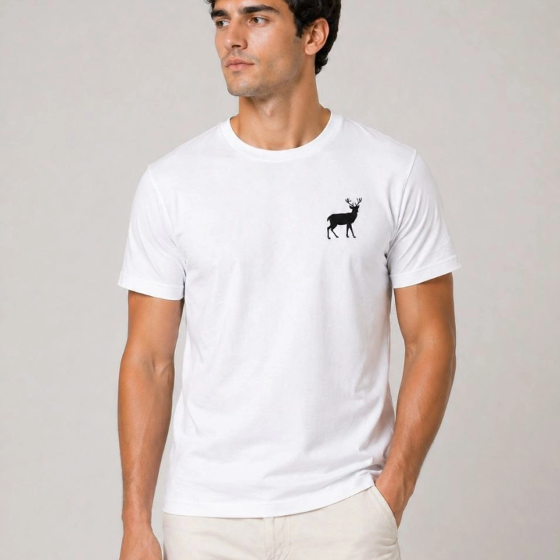 Erkek Minimal Geyik Logolu Tişört Bisiklet Yaka Kısa kol Yazlık T-Shirt - Beyaz