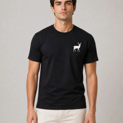 Erkek Minimal Geyik Logolu Tişört Bisiklet Yaka Kısa kol Yazlık T-Shirt - Siyah