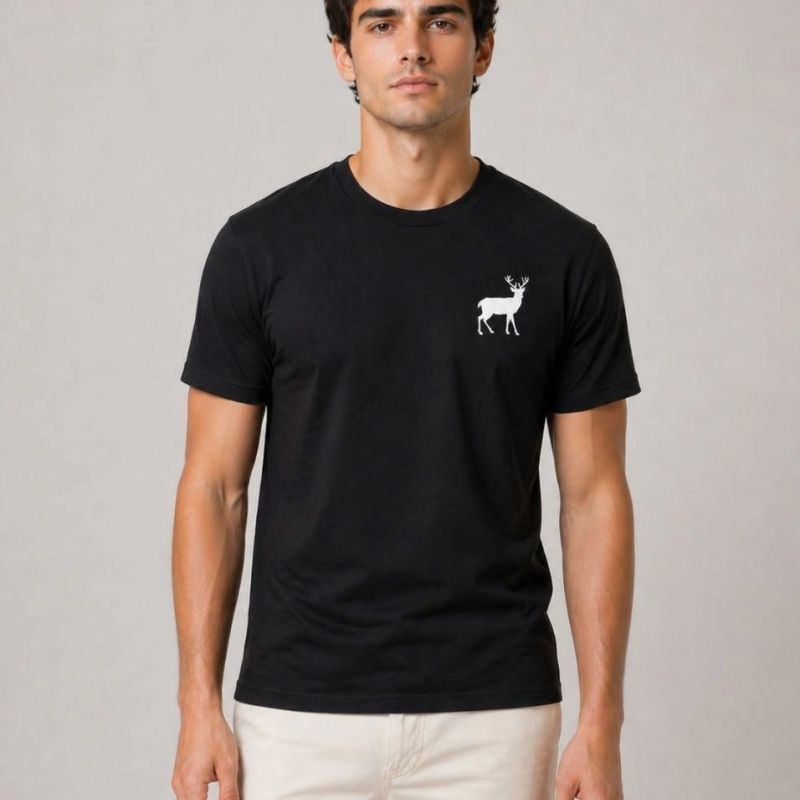 Erkek Minimal Geyik Logolu Tişört Bisiklet Yaka Kısa kol Yazlık T-Shirt - Siyah