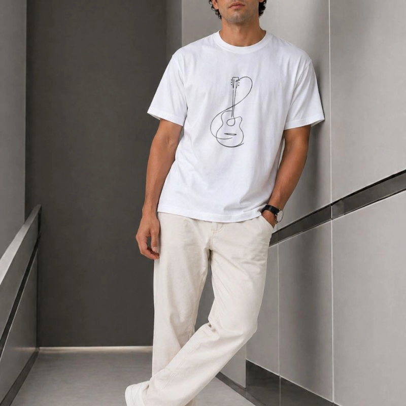 Erkek Minimal Gitar Baskılı Tişört T-Shirt Yazlık Kısa Kol Bisiklet Yaka T-Shirt - Beyaz