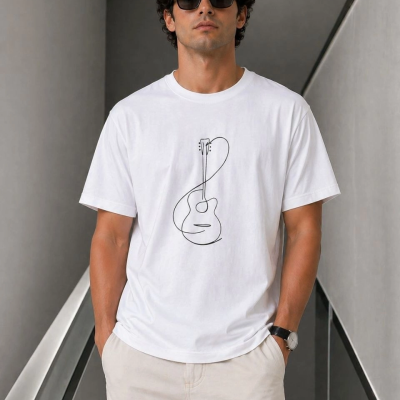 Erkek Minimal Gitar Baskılı Tişört T-Shirt Yazlık Kısa Kol Bisiklet Yaka T-Shirt - Beyaz