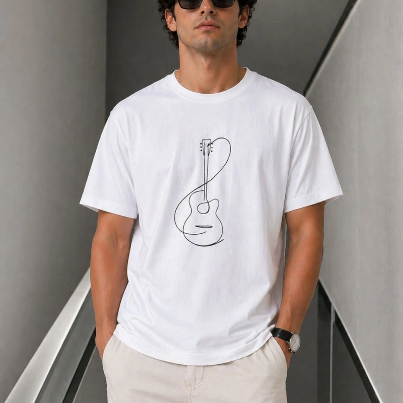 Erkek Minimal Gitar Baskılı Tişört T-Shirt Yazlık Kısa Kol Bisiklet Yaka T-Shirt - Beyaz