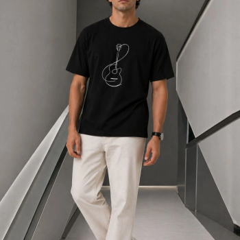 Erkek Minimal Gitar Baskılı Tişört T-Shirt Yazlık Kısa Kol Bisiklet Yaka T-Shirt - Siyah
