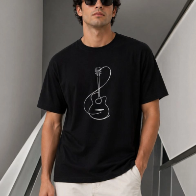 Erkek Minimal Gitar Baskılı Tişört T-Shirt Yazlık Kısa Kol Bisiklet Yaka T-Shirt - Siyah