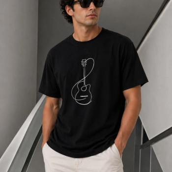 Erkek Minimal Gitar Baskılı Tişört T-Shirt Yazlık Kısa Kol Bisiklet Yaka T-Shirt - Siyah