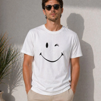 Erkek Minimal Gülümseyen Yüz Baskılı Tişört Kısa Kol Yazlık T-Shirt - Beyaz