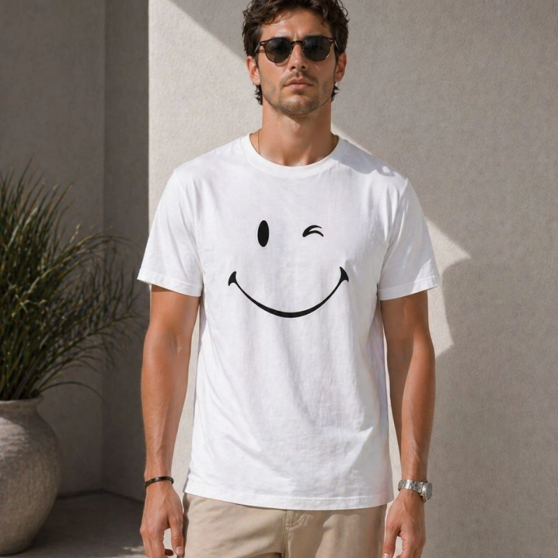 Erkek Minimal Gülümseyen Yüz Baskılı Tişört Kısa Kol Yazlık T-Shirt - Beyaz