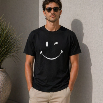 Erkek Minimal Gülümseyen Yüz Baskılı Tişört Kısa Kol Yazlık T-Shirt - Siyah