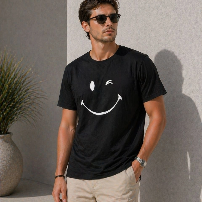 Erkek Minimal Gülümseyen Yüz Baskılı Tişört Kısa Kol Yazlık T-Shirt - Siyah
