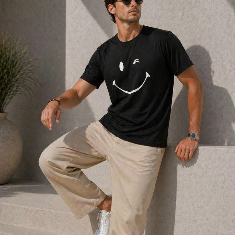 Erkek Minimal Gülümseyen Yüz Baskılı Tişört Kısa Kol Yazlık T-Shirt - Siyah