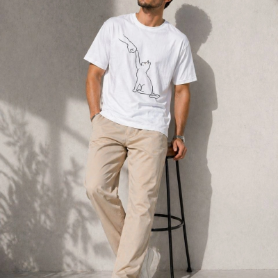 Erkek Minimal Kedi Çizim Baskılı Tişört Kısa Kol Yazlık T-Shirt - Beyaz