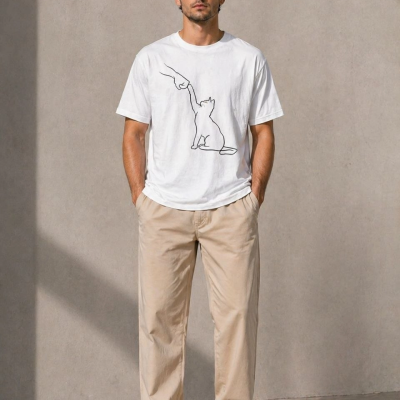 Erkek Minimal Kedi Çizim Baskılı Tişört Kısa Kol Yazlık T-Shirt - Beyaz