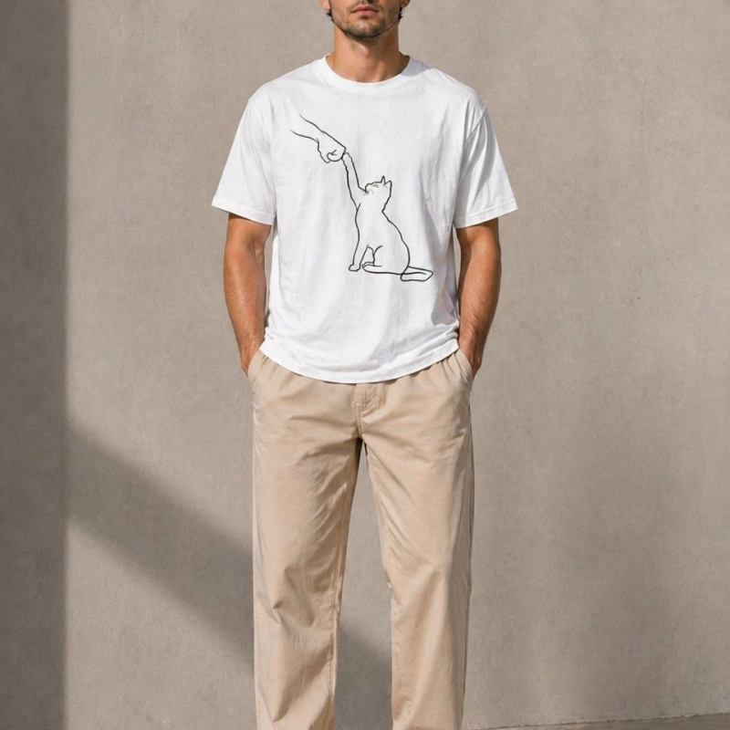 Erkek Minimal Kedi Çizim Baskılı Tişört Kısa Kol Yazlık T-Shirt - Beyaz