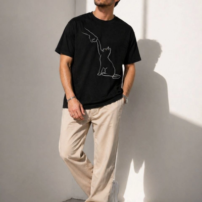 Erkek Minimal Kedi Çizim Baskılı Tişört Kısa Kol Yazlık T-Shirt - Siyah