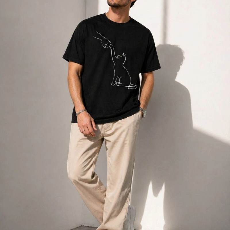 Erkek Minimal Kedi Çizim Baskılı Tişört Kısa Kol Yazlık T-Shirt - Siyah