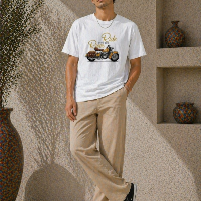 Erkek Motosiklet Baskılı Tişört Bisiklet Yaka Kısa Kol Yazlık T-Shirt - Beyaz