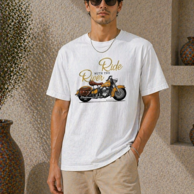 Erkek Motosiklet Baskılı Tişört Bisiklet Yaka Kısa Kol Yazlık T-Shirt - Beyaz