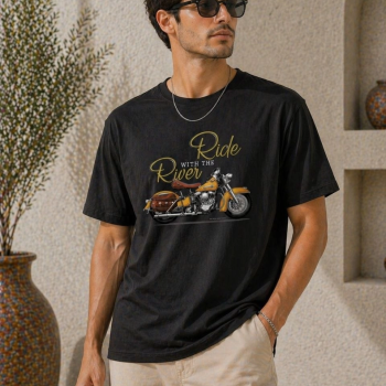 Erkek Motosiklet Baskılı Tişört Bisiklet Yaka Kısa Kol Yazlık T-Shirt - Siyah