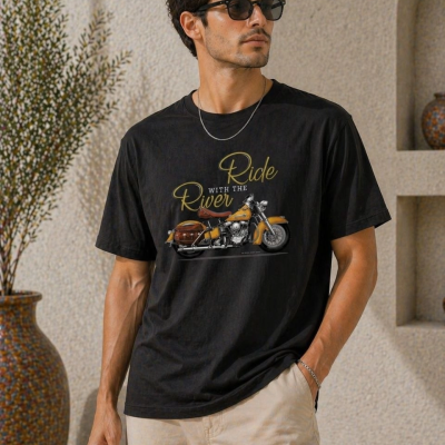 Erkek Motosiklet Baskılı Tişört Bisiklet Yaka Kısa Kol Yazlık T-Shirt - Siyah