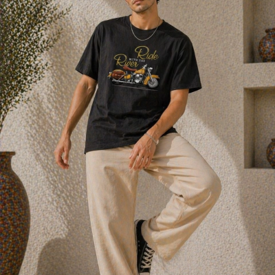 Erkek Motosiklet Baskılı Tişört Bisiklet Yaka Kısa Kol Yazlık T-Shirt - Siyah