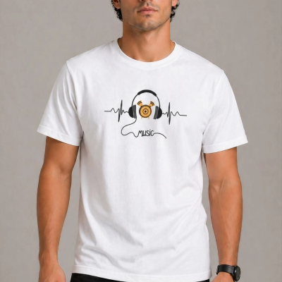 Erkek Müzik Temalı Baskılı Tişört Bisiklet Yaka Kısa Kol T-Shirt - Beyaz