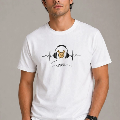 Erkek Müzik Temalı Baskılı Tişört Bisiklet Yaka Kısa Kol T-Shirt - Beyaz