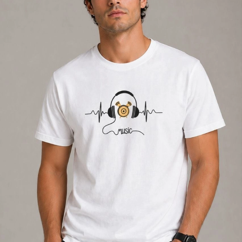 Erkek Müzik Temalı Baskılı Tişört Bisiklet Yaka Kısa Kol T-Shirt - Beyaz