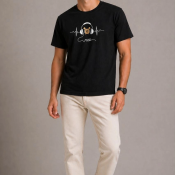 Erkek Müzik Temalı Baskılı Tişört Bisiklet Yaka Kısa Kol T-Shirt - Siyah