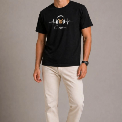 Erkek Müzik Temalı Baskılı Tişört Bisiklet Yaka Kısa Kol T-Shirt - Siyah
