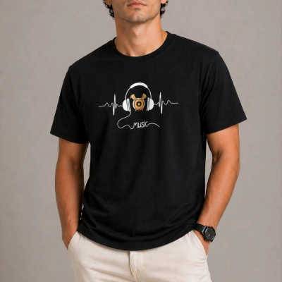Erkek Müzik Temalı Baskılı Tişört Bisiklet Yaka Kısa Kol T-Shirt - Siyah
