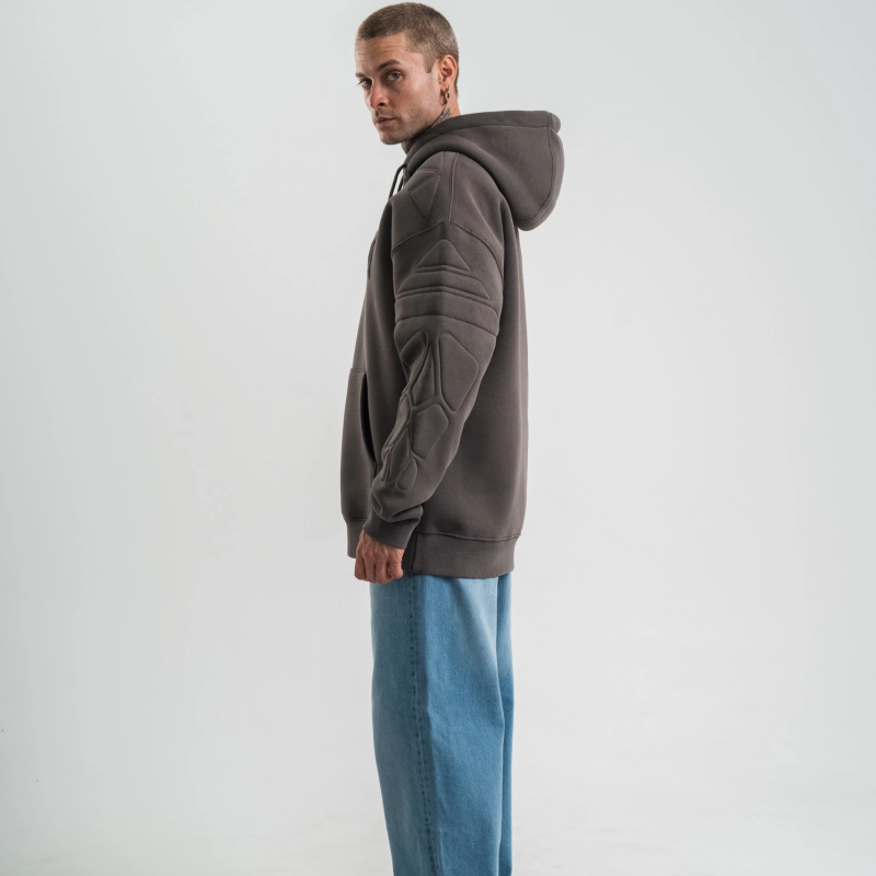 Erkek Nakışlı Kapüşonlu Oversize 3 İplik Pamuklu SweatShirt Hoodie - Füme