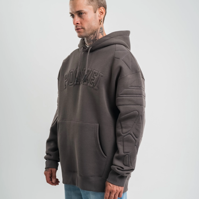 Erkek Nakışlı Kapüşonlu Oversize 3 İplik Pamuklu SweatShirt Hoodie - Füme