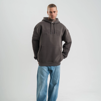 Erkek Nakışlı Kapüşonlu Oversize 3 İplik Pamuklu SweatShirt Hoodie - Füme