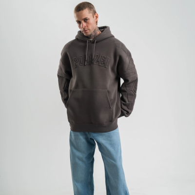 Erkek Nakışlı Kapüşonlu Oversize 3 İplik Pamuklu SweatShirt Hoodie - Füme