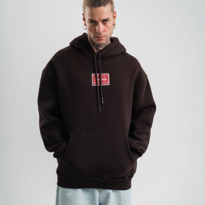 Erkek Nakışlı Kapüşonlu Oversize 3 İplik Pamuklu SweatShirt Hoodie - Siyah