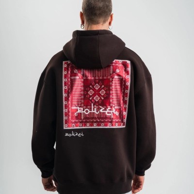 Erkek Nakışlı Kapüşonlu Oversize 3 İplik Pamuklu SweatShirt Hoodie - Siyah