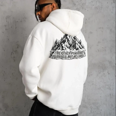 Erkek Nihilist Penguen Baskılı 3 İplik Pamuklu Kapüşonlu Sweatshirt Hoodie Beyaz