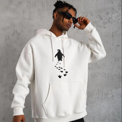 Erkek Nihilist Penguen Baskılı 3 İplik Pamuklu Kapüşonlu Sweatshirt Hoodie Beyaz