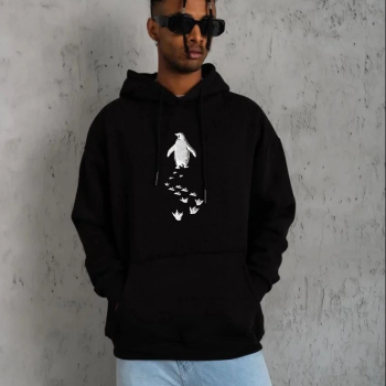 Erkek Nihilist Penguen Baskılı 3 İplik Pamuklu Kapüşonlu Sweatshirt Hoodie Siyah