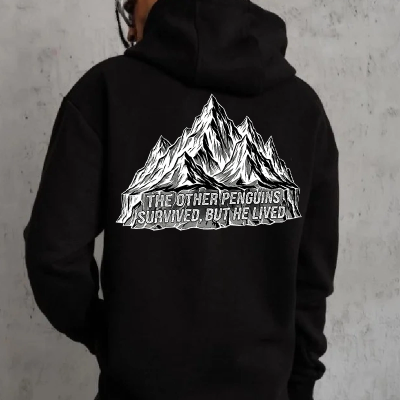 Erkek Nihilist Penguen Baskılı 3 İplik Pamuklu Kapüşonlu Sweatshirt Hoodie Siyah
