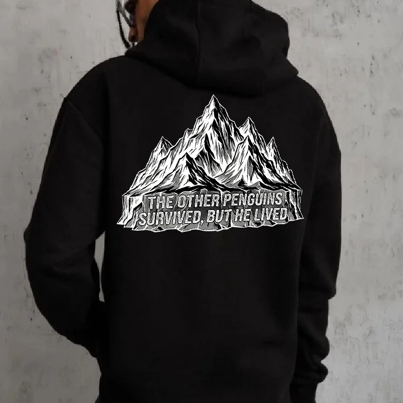 Erkek Nihilist Penguen Baskılı 3 İplik Pamuklu Kapüşonlu Sweatshirt Hoodie Siyah