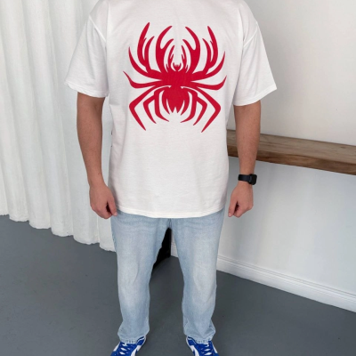 Erkek Örümcek Baskılı Tişört Kısa Kollu Bisiklet Yaka T-Shirt - Beyaz