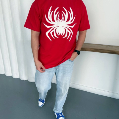 Erkek Örümcek Baskılı Tişört Kısa Kollu Bisiklet Yaka T-Shirt - Kırmızı