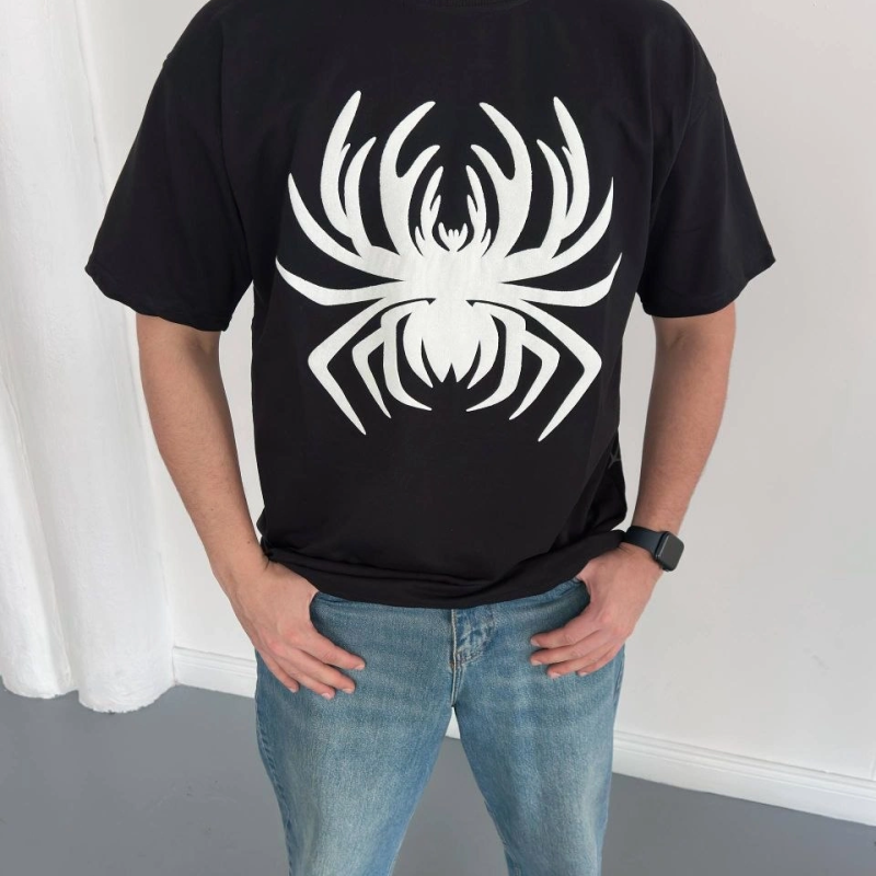 Erkek Örümcek Baskılı Tişört Kısa Kollu Bisiklet Yaka T-Shirt - Siyah