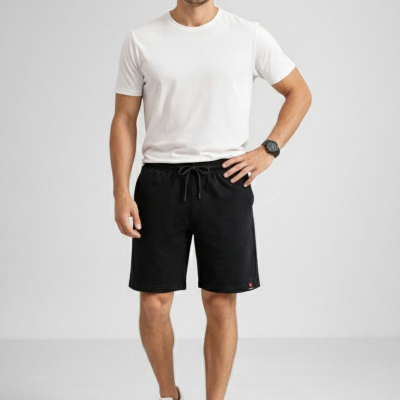 Erkek otoban Dokuma Kumaş Beli Lastikli Bağcıklı, Cepli, Yazlık Şort - Siyah
