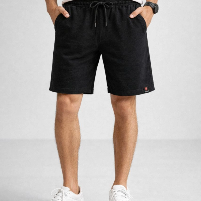 Erkek otoban Dokuma Kumaş Beli Lastikli Bağcıklı, Cepli, Yazlık Şort - Siyah